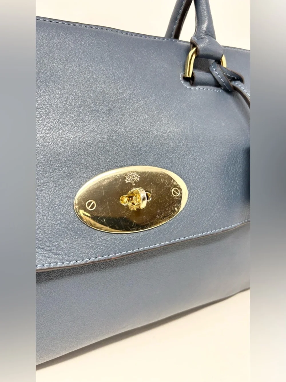 Mulberry Del Rey Slate Blue Leather Satchel Top Handle Bag Gold Hardware Medium